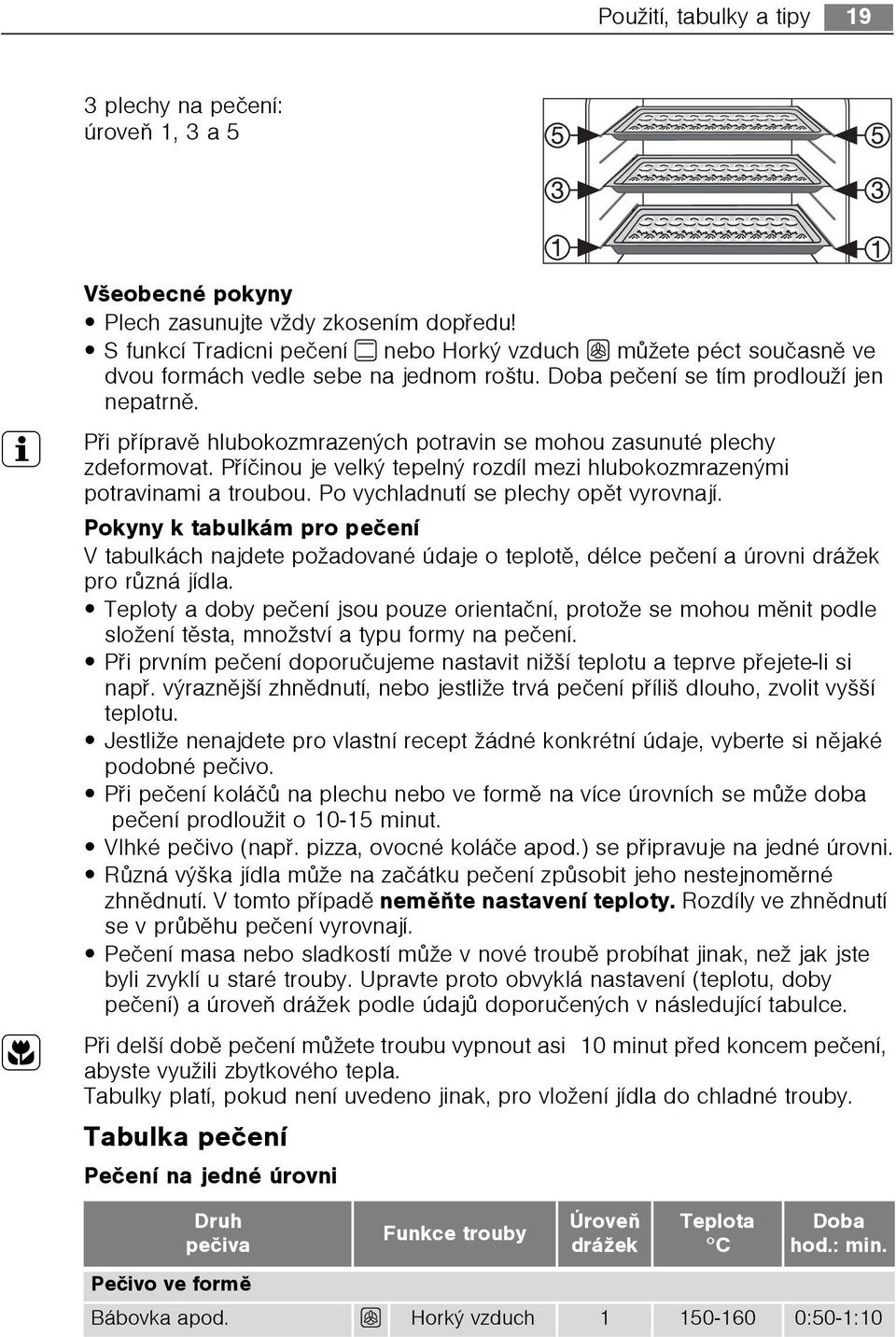 3 Pøi pøípravì hlubokozmrazených potravin se mohou zasunuté plechy zdeformovat. Pøíèinou je velký tepelný rozdíl mezi hlubokozmrazenými potravinami a troubou. Po vychladnutí se plechy opìt vyrovnají.