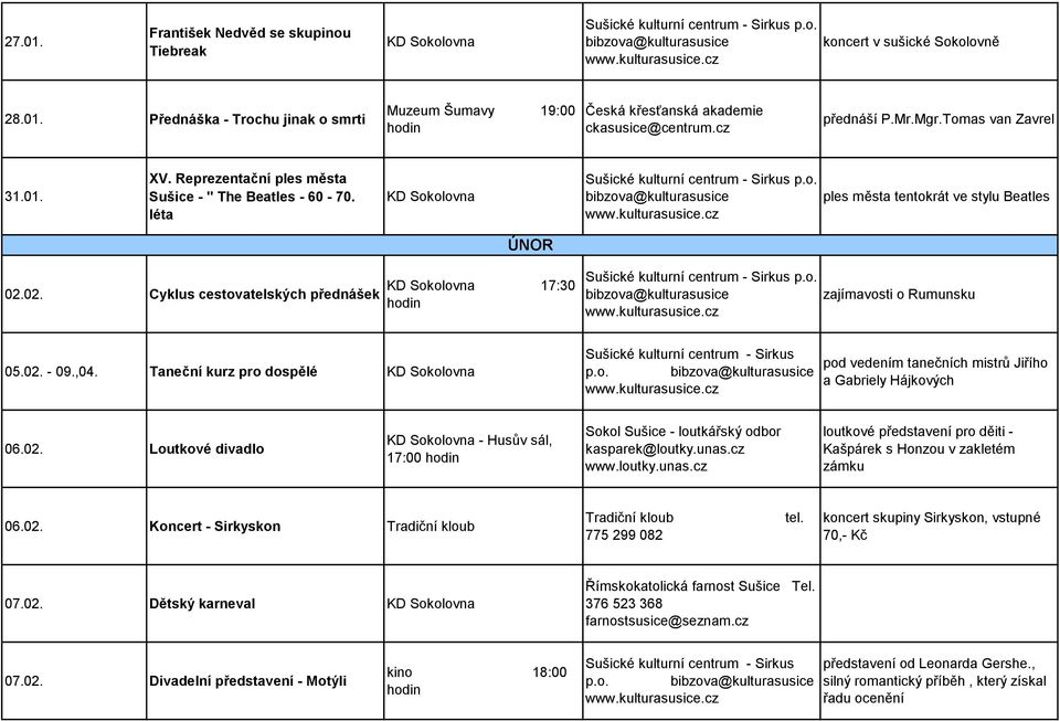 02. Cyklus cestovatelských přednášek ÚNOR KD Sokolovna 17:30 zajímavosti o Rumunsku 05.02. - 09.,04. Taneční kurz pro dospělé KD Sokolovna Sušické kulturní centrum - Sirkus p.o. pod vedením tanečních mistrů Jiřího a Gabriely Hájkových 06.