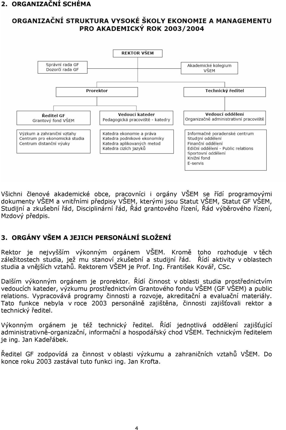 Kromě toho rozhoduje v těch záležitostech studia, jež mu stanoví zkušební a studijní řád. Řídí aktivity v oblastech studia a vnějších vztahů. Rektorem VŠEM je Prof. Ing. František Kovář, CSc.