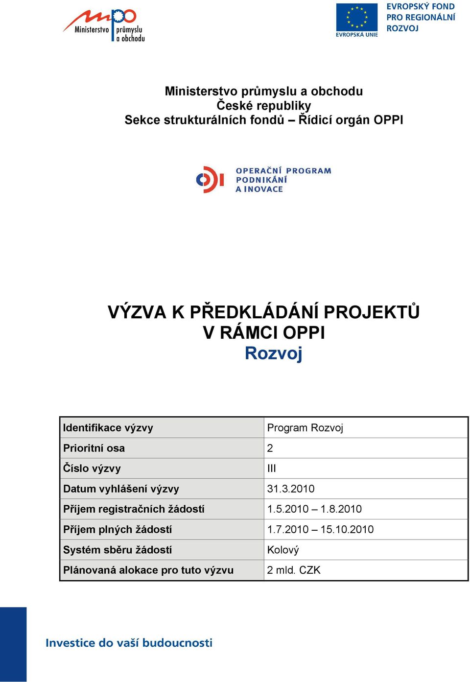 výzvy III Datum vyhlášení výzvy 31.3.2010 Příjem registračních žádostí 1.5.2010 1.8.