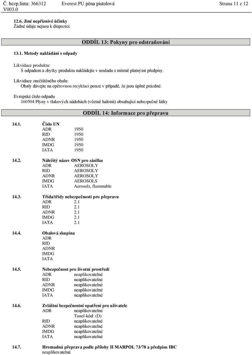 Evropské číslo odpadu 160504 Plyny v tlakových nádobách (včetně halonů) obsahující nebezpečné látky 14.1. Číslo UN ADR 1950 RID 1950 ADNR 1950 IMDG 1950 IATA 1950 14.2.