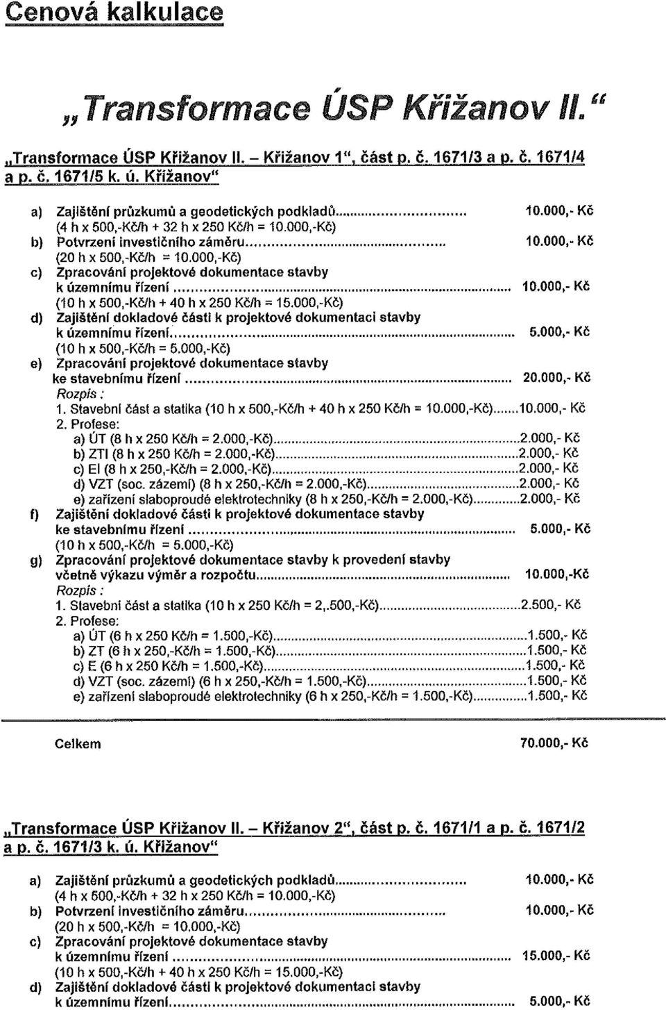 000,-Kč (10 h x 500,-Kč/h + 40 h x 250 Kč/h = 15.000,-Kč) d) Zajištění dkladvé části k prjektvé dkumentaci stavby k územnímu řízení 5.000,- Kč (10 h x 500,-Kč/h = 5.