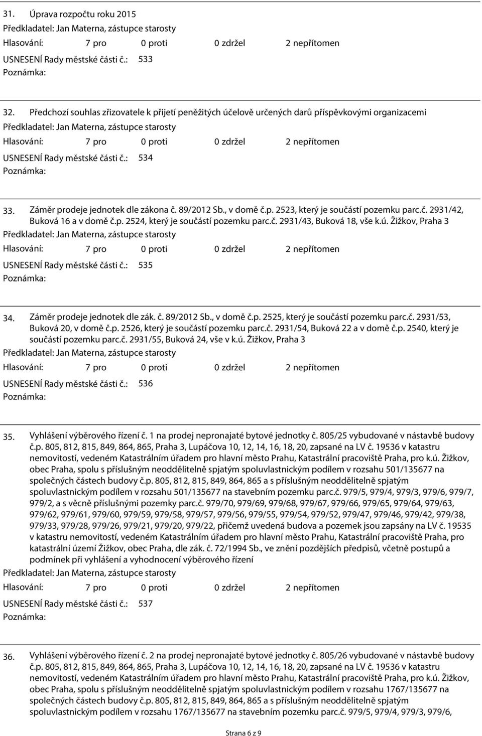 ú. Žižkov, Praha 3 USNESENÍ Rady městské části č.: 535 34. Záměr prodeje jednotek dle zák. č. 89/2012 Sb., v domě č.p. 2525, který je součástí pozemku parc.č. 2931/53, Buková 20, v domě č.p. 2526, který je součástí pozemku parc.