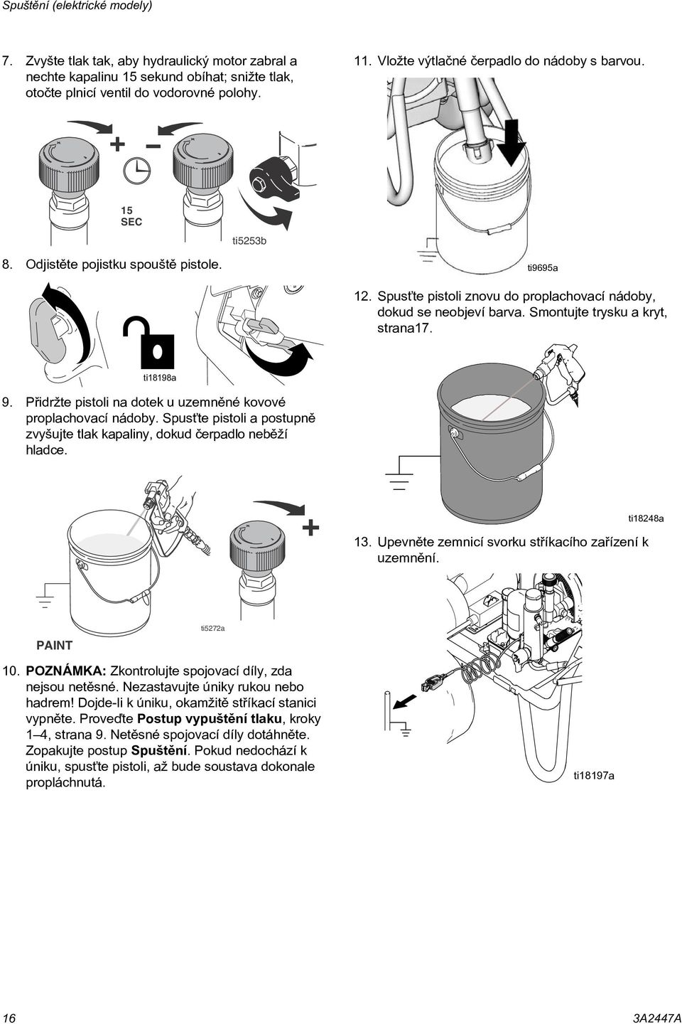Smontujte trysku a kryt, strana17. ti18198a 9. Pøidržte pistoli na dotek u uzemnìné kovové proplachovací nádoby. Spusťte pistoli a postupnì zvyšujte tlak kapaliny, dokud èerpadlo nebìží hladce.