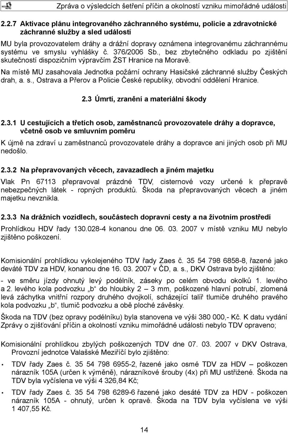 Na místě MU zasahovala Jednotka požární ochrany Hasičské záchranné služby Českých drah, a. s., Ostrava a Přerov a Policie České republiky, obvodní oddělení Hranice. 2.