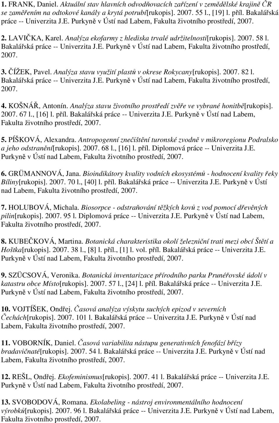 KOŠNÁŘ, Antonín. Analýza stavu životního prostředí zvěře ve vybrané honitbě[rukopis]. 67 l., [16] l. příl. Bakalářská práce -- Univerzita J.E. Purkyně v Ústí nad Labem, 5. PÍŠKOVÁ, Alexandra.