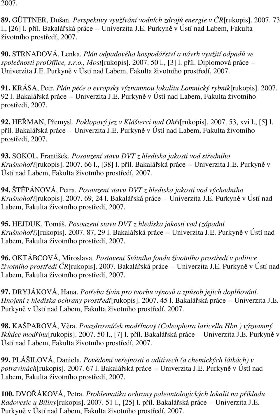 Purkyně v Ústí nad Labem, 91. KRÁSA, Petr. Plán péče o evropsky významnou lokalitu Lomnický rybník[rukopis]. 92 l. Bakalářská práce -- Univerzita J.E. Purkyně v Ústí nad Labem, Fakulta životního 92.