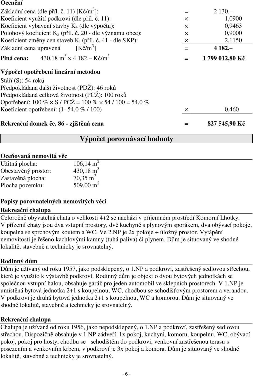 životnost (PDŽ): 46 roků Předpokládaná celková životnost (PCŽ): 100 roků Opotřebení: 100 % S / PCŽ = 100 % 54 / 100 = 54,0 % Koeficient opotřebení: (1-54,0 % / 100) 0,460 Rekreační domek če.