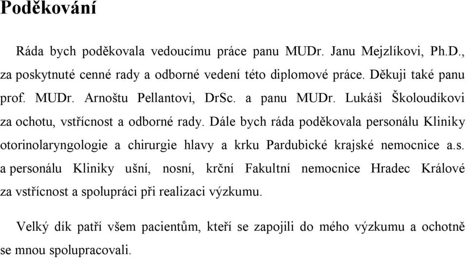 Dále bych ráda poděkovala personálu Kliniky otorinolaryngologie a chirurgie hlavy a krku Pardubické krajské nemocnice a.s. a personálu Kliniky ušní, nosní, krční Fakultní nemocnice Hradec Králové za vstřícnost a spolupráci při realizaci výzkumu.