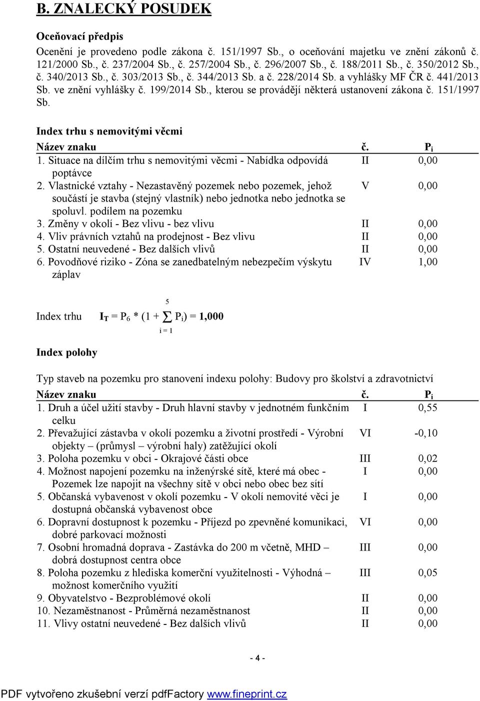 , kterou se provádějí některá ustanovení zákona č. 151/1997 Sb. Index trhu s nemovitými věcmi Název znaku č. P i 1. Situace na dílčím trhu s nemovitými věcmi - Nabídka odpovídá II 0,00 poptávce 2.