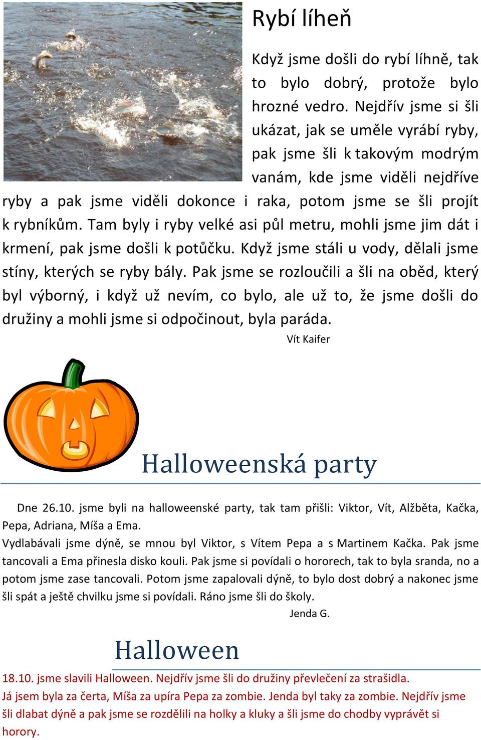 Tam byly i ryby velké asi půl metru, mohli jsme jim dát i krmení, pak jsme došli k potůčku. Když jsme stáli u vody, dělali jsme stíny, kterých se ryby bály.