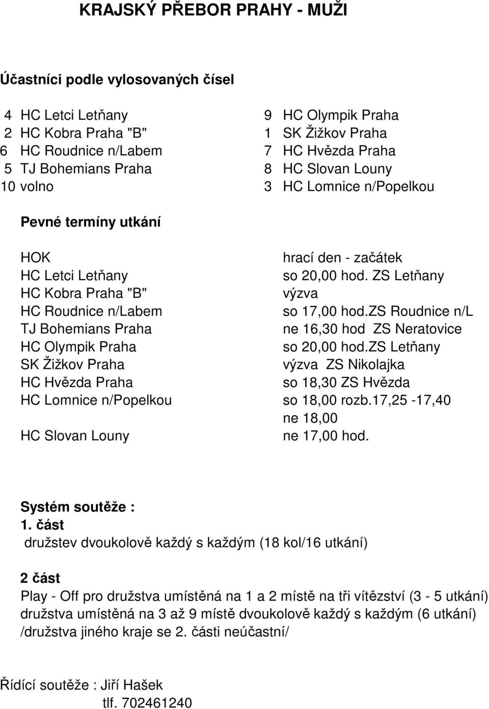 ZS Letňany HC Kobra Praha "B" výzva HC Roudnice n/labem so 17,00 hod.zs Roudnice n/l TJ Bohemians Praha ne 16,30 hod ZS Neratovice HC Olympik Praha so 20,00 hod.