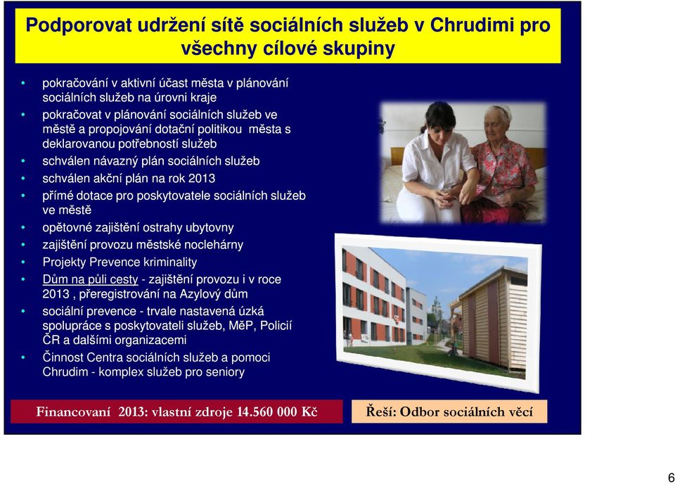 sociálních služeb ve městě opětovné zajištění ostrahy ubytovny zajištění provozu městské noclehárny Projekty Prevence kriminality Dům na půli cesty - zajištění provozu i v roce 2013, přeregistrování