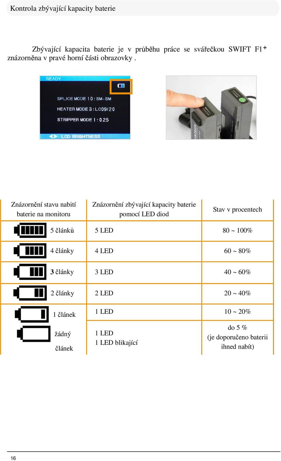 Znázornění stavu nabití baterie na monitoru Znázornění zbývající kapacity baterie pomocí LED diod Stav v procentech