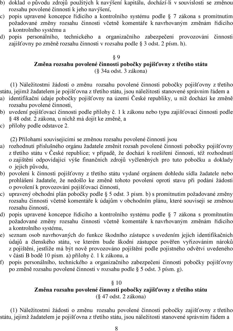 provozování činnosti zajišťovny po změně rozsahu činnosti v rozsahu podle 3 odst. 2 písm. h). 9 Změna rozsahu povolené činnosti pobočky pojišťovny z třetího státu ( 34a odst.