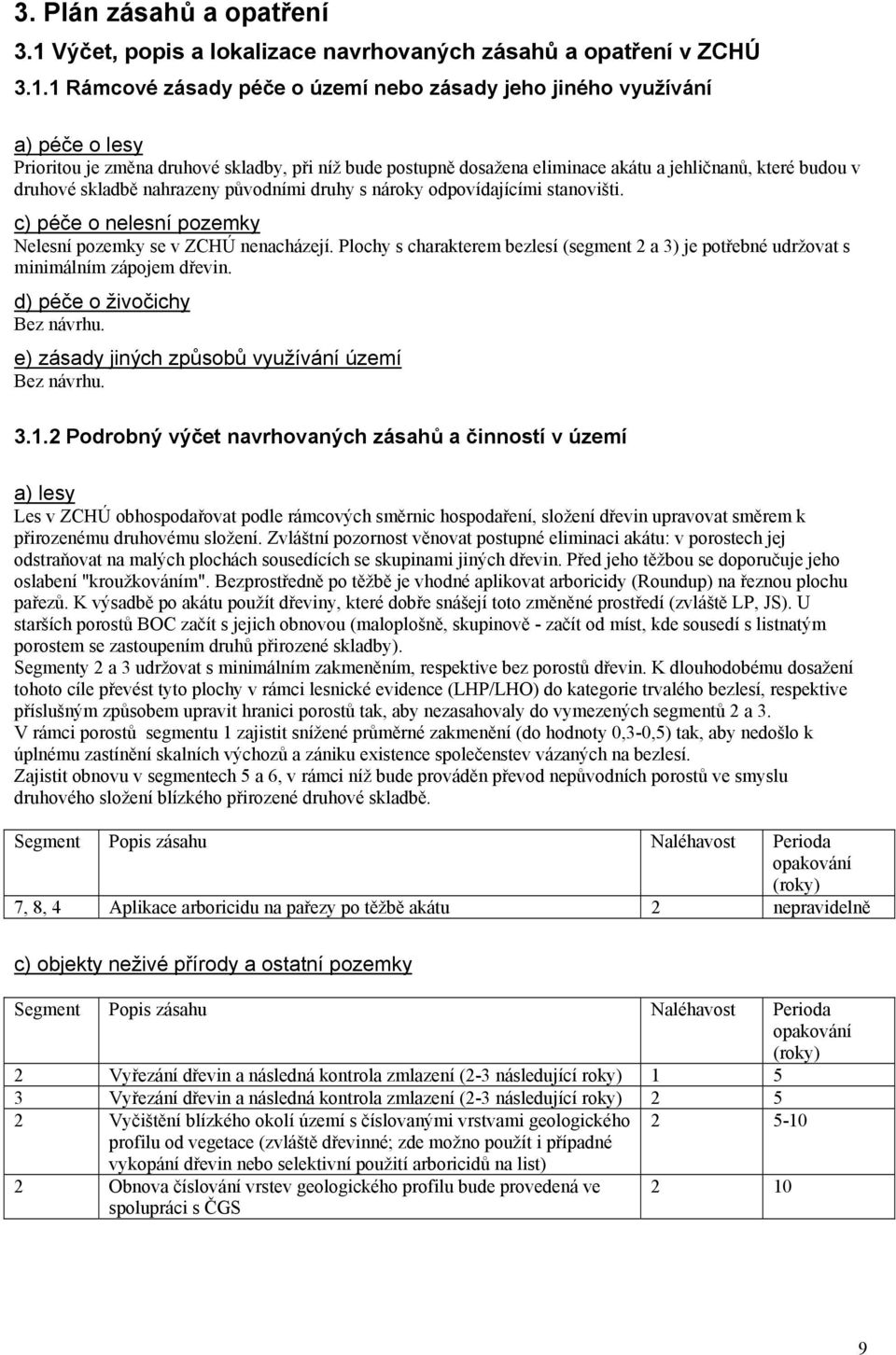 1 Rámcové zásady péče o území nebo zásady jeho jiného využívání a) péče o lesy Prioritou je změna druhové skladby, při níž bude postupně dosažena eliminace akátu a jehličnanů, které budou v druhové