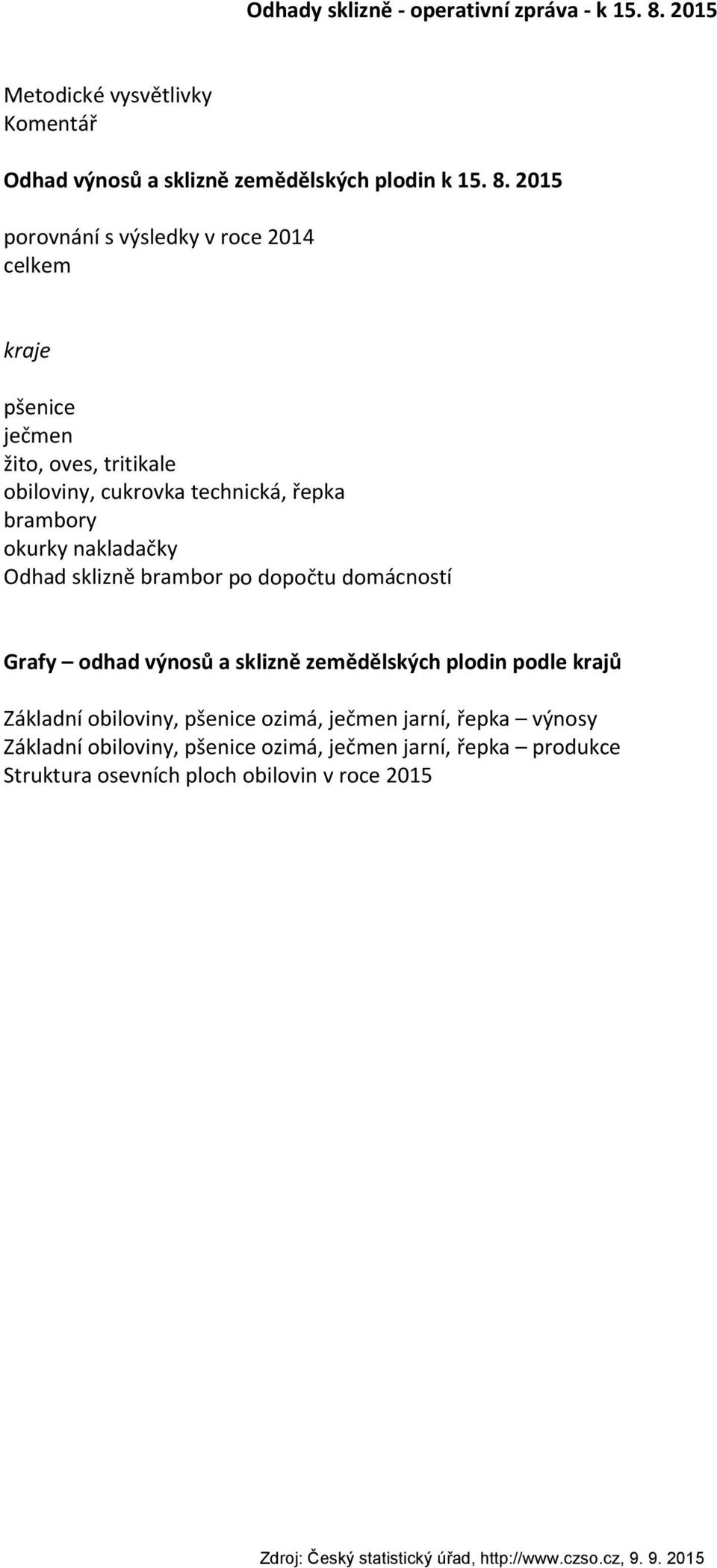 2015 porovnání s výsledky v roce 2014 celkem kraje pšenice ječmen žito, oves, tritikale obiloviny, cukrovka technická, řepka brambory