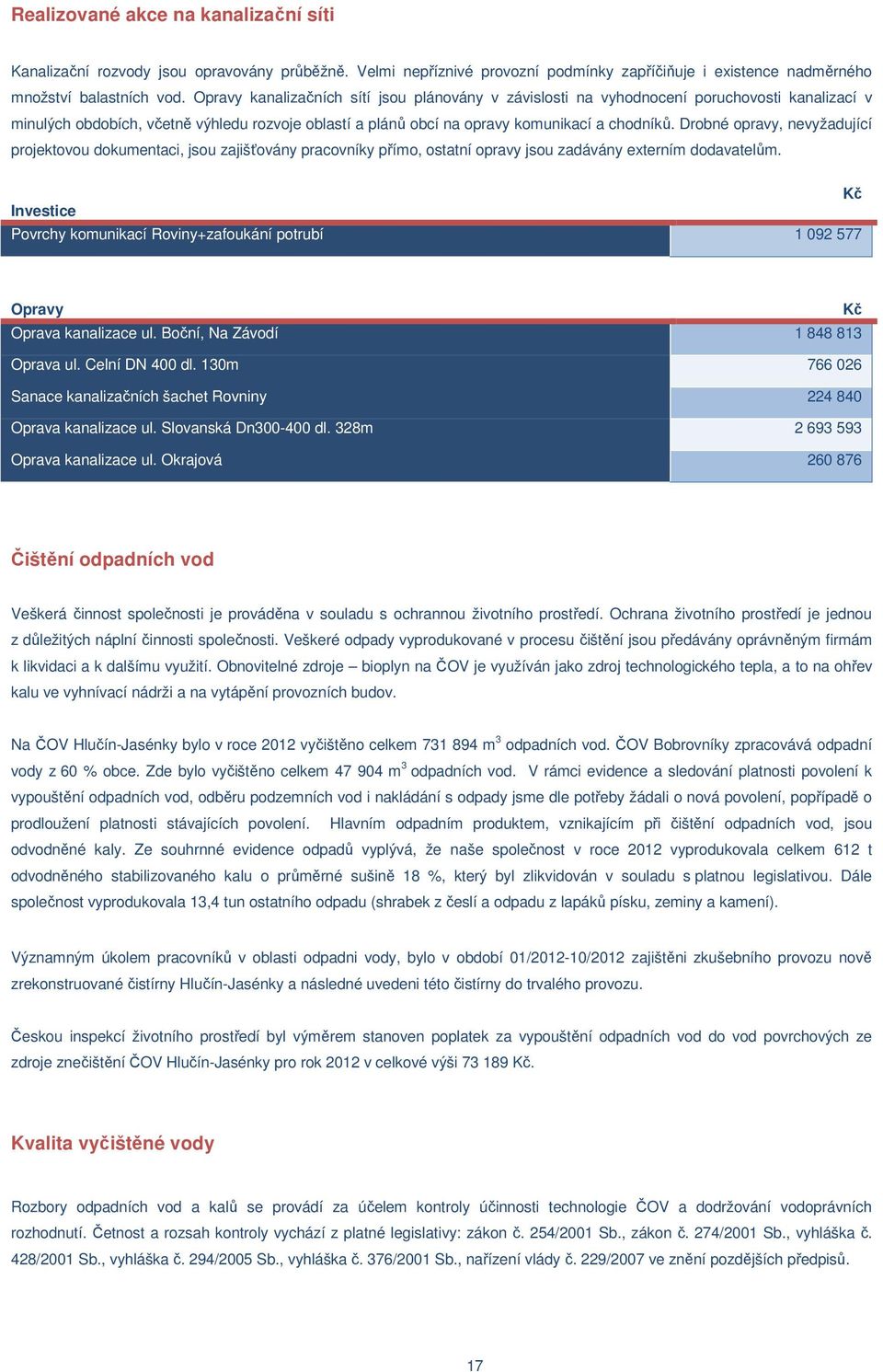 Drobné opravy, nevyžadující projektovou dokumentaci, jsou zajišťovány pracovníky přímo, ostatní opravy jsou zadávány externím dodavatelům.