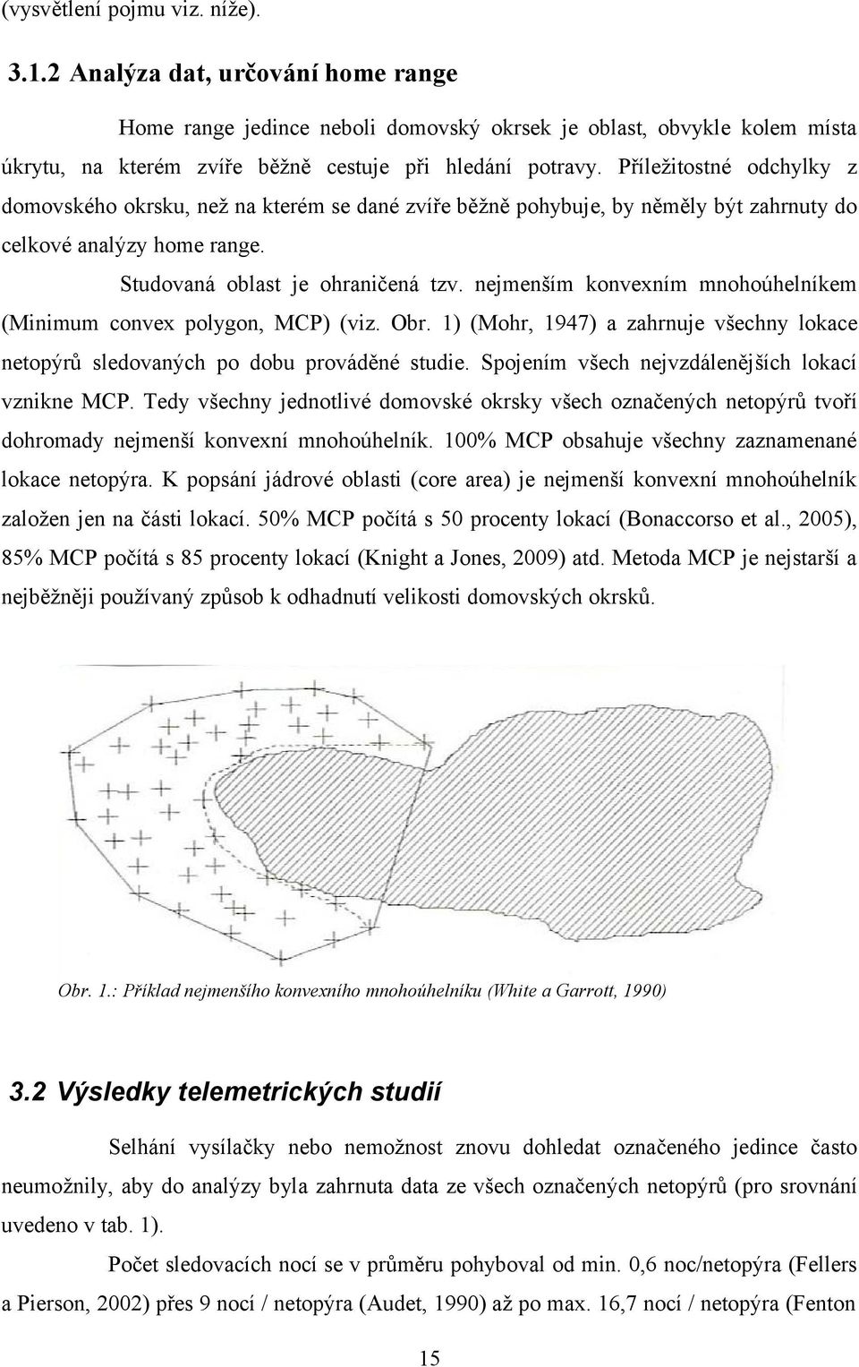 nejmenším konvexním mnohoúhelníkem (Minimum convex polygon, MCP) (viz. Obr. 1) (Mohr, 1947) a zahrnuje všechny lokace netopýrů sledovaných po dobu prováděné studie.