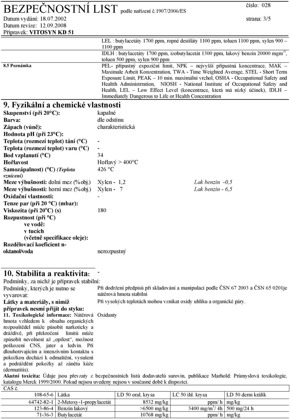 5 Poznámka PEL- přípustný expoziční limit, NPK nejvyšší přípustná koncentrace, MAK Maximale Arbeit Konzentration, TWA - Time Weighted Average, STEL - Short Term Exposure Limit, PEAK 10 min.