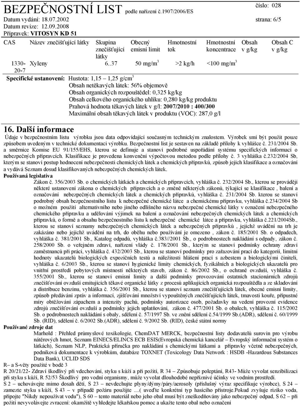 0,280 kg/kg produktu Prahová hodnota těkavých látek v g/l: 2007/2010 : 400/300 Maximální obsah těkavých látek v produktu (VOC): 287,0 g/l Obsah v g/kg strana: 6/5 Obsah C v g/kg 16.