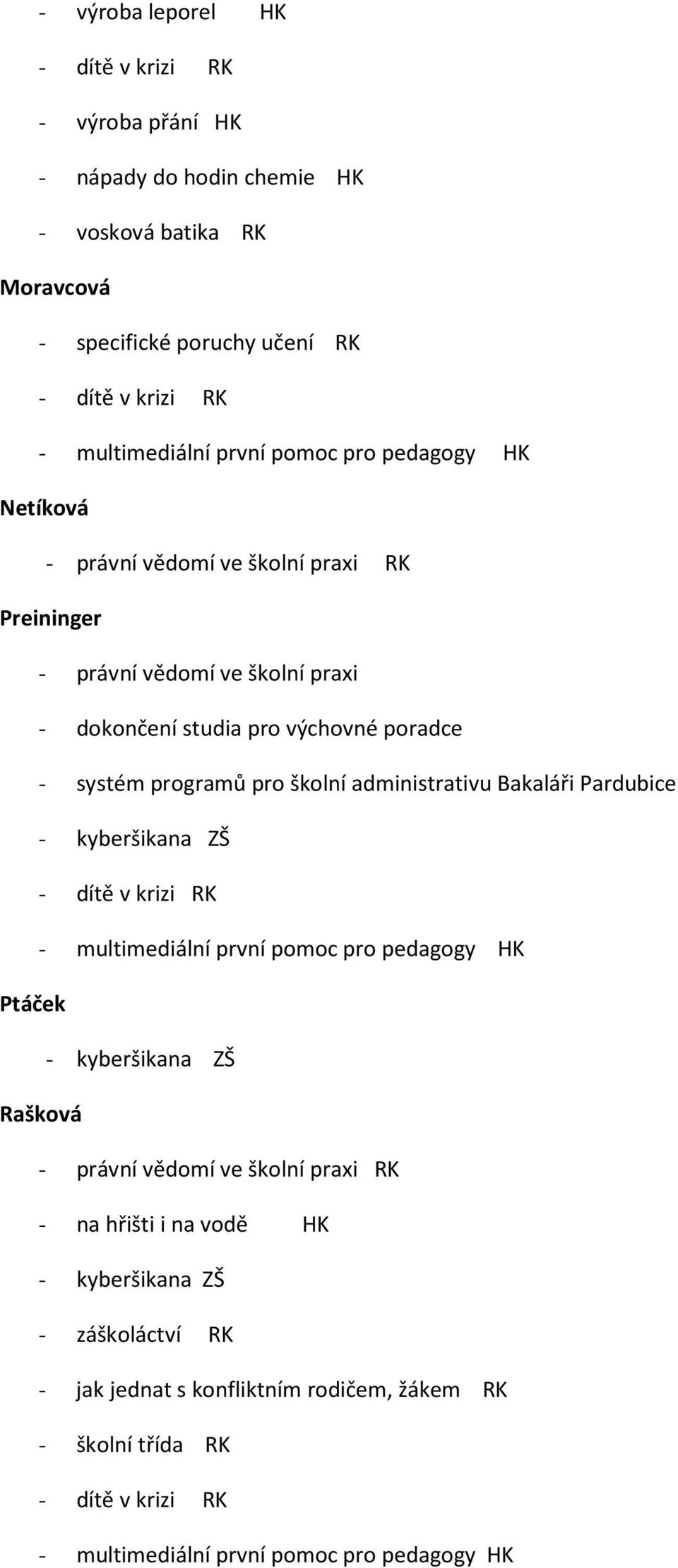 školní administrativu Bakaláři Pardubice - kyberšikana ZŠ - dítě v krizi RK - multimediální první pomoc pro pedagogy HK Ptáček - kyberšikana ZŠ Rašková - právní vědomí ve školní