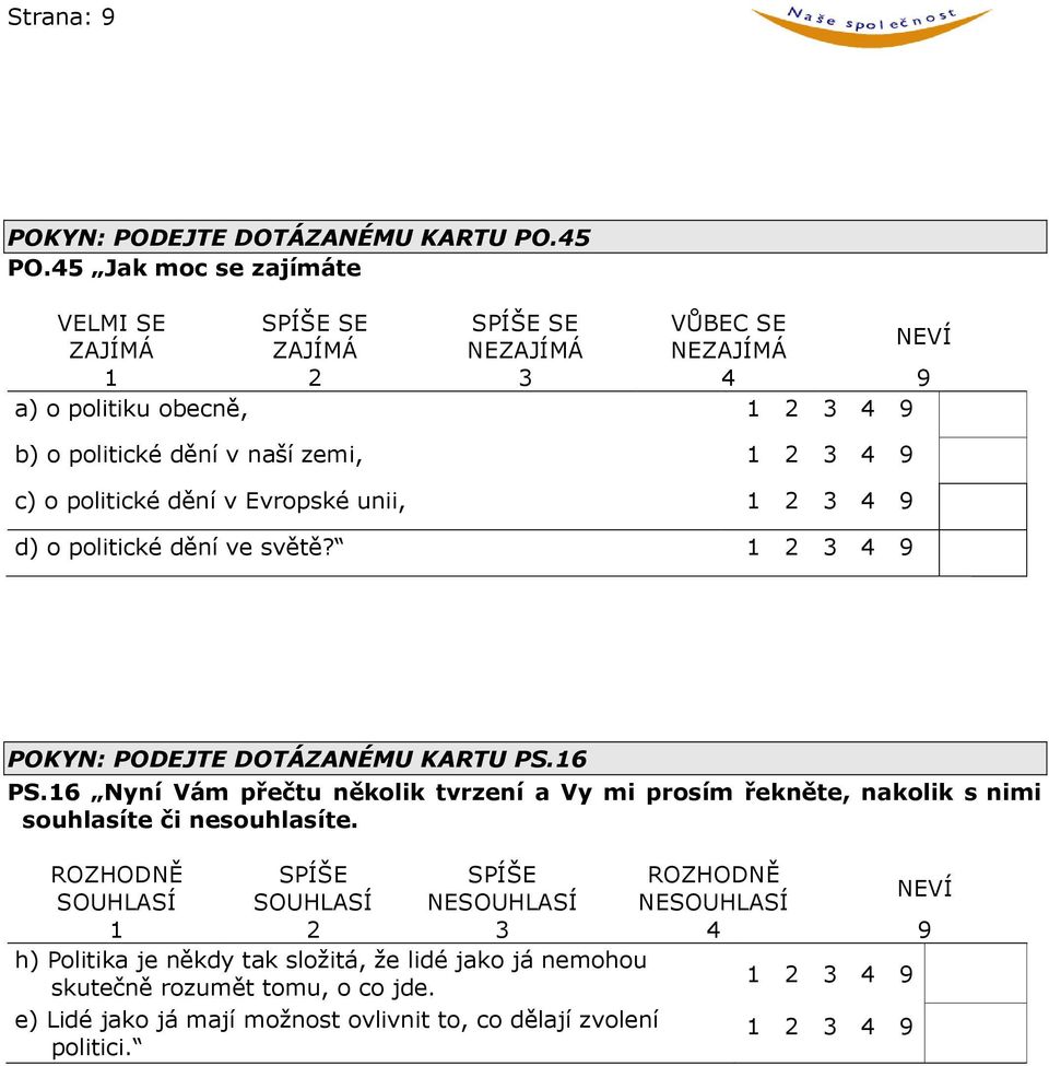 politické dění v Evropské unii, d) o politické dění ve světě? POKYN: PODEJTE DOTÁZANÉMU KARTU PS.16 PS.