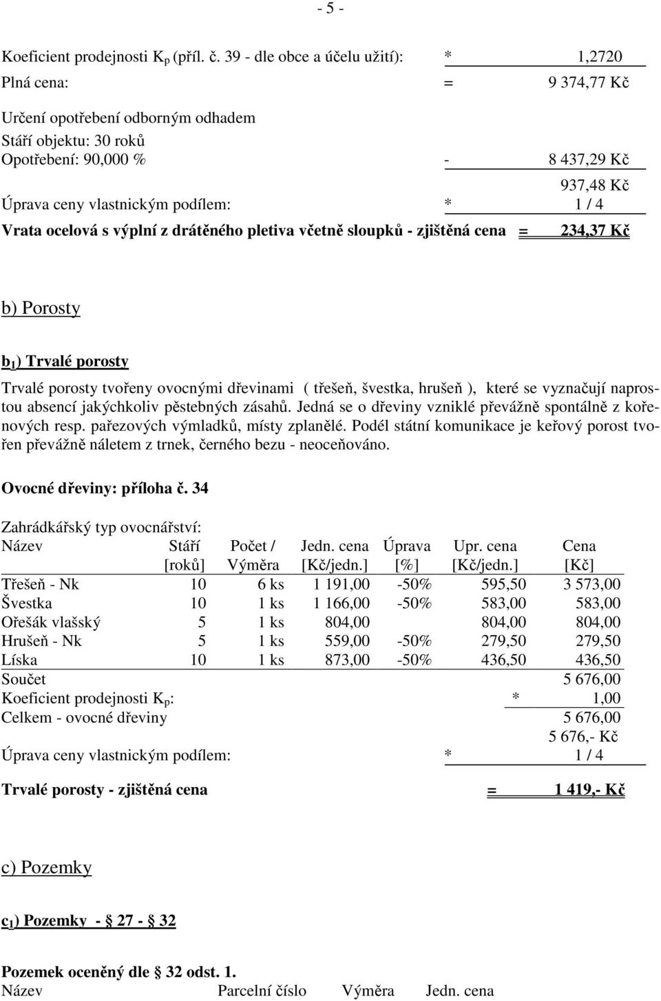 * 1 / 4 Vrata ocelová s výplní z drátěného pletiva včetně sloupků - zjištěná cena = 234,37 Kč b) Porosty b 1 ) Trvalé porosty Trvalé porosty tvořeny ovocnými dřevinami ( třešeň, švestka, hrušeň ),