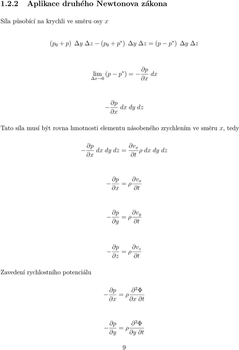 hmotnosti elementu násobeného zrychlením ve směru x, tedy p x dx dy dz = v x ρ dx dy dz t p x =