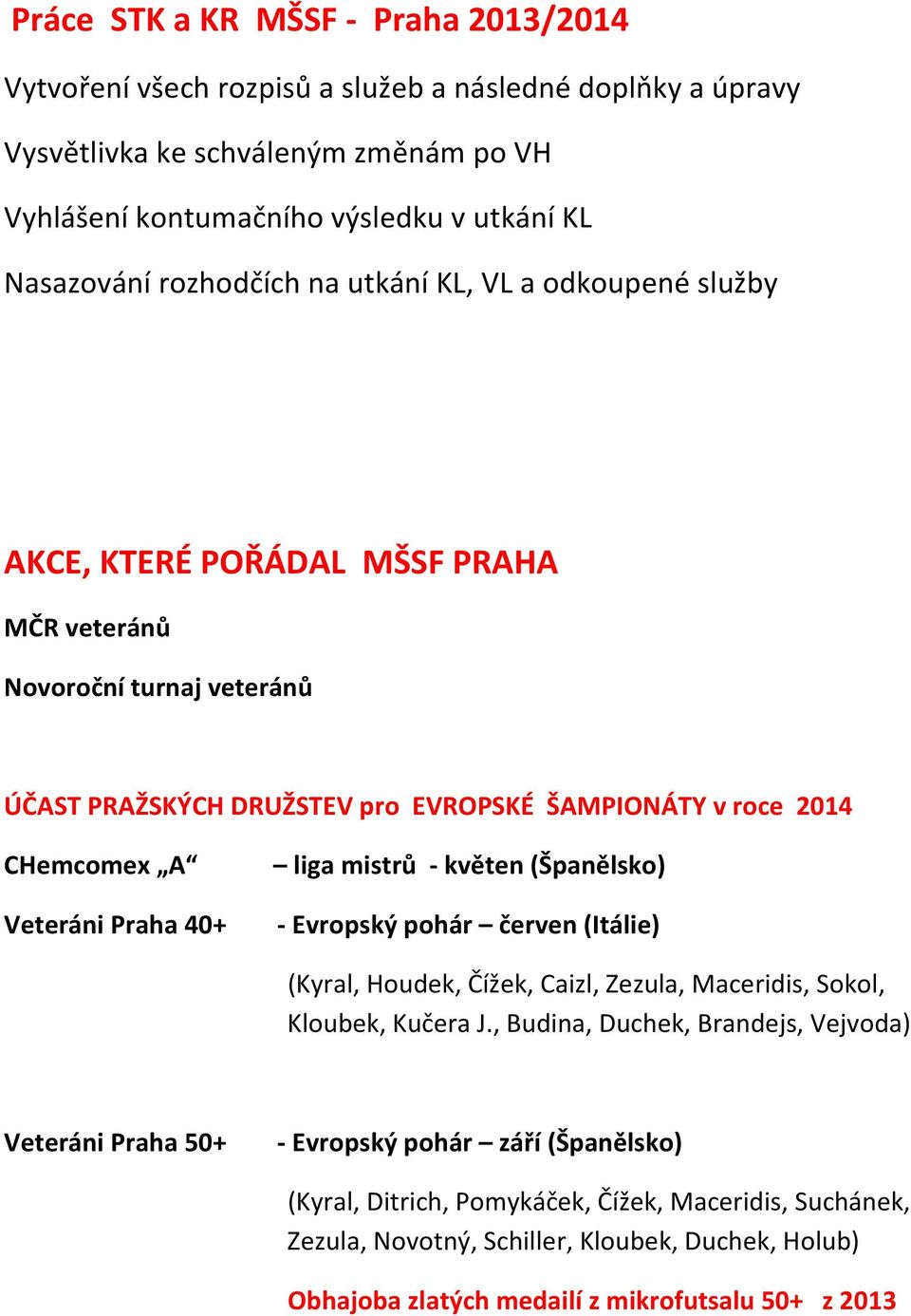 Veteráni Praha 40+ liga mistrů - květen (Španělsko) - Evropský pohár červen (Itálie) (Kyral, Houdek, Čížek, Caizl, Zezula, Maceridis, Sokol, Kloubek, Kučera J.