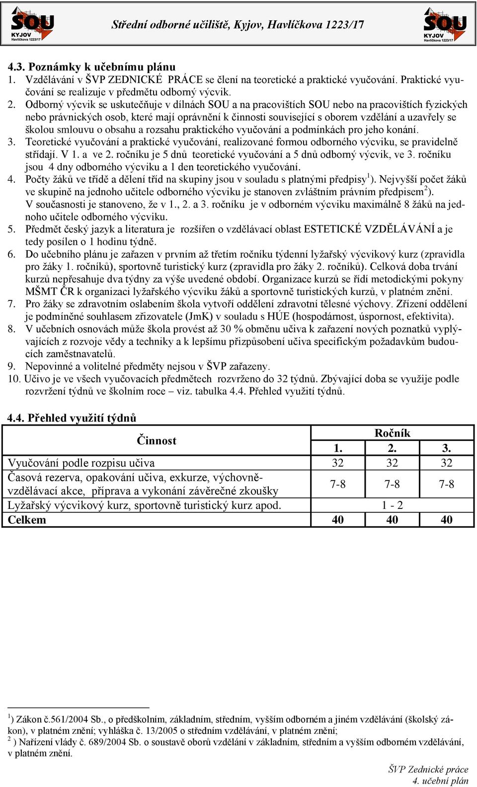 školou smlouvu o obsahu a rozsahu praktického vyučování a podmínkách pro jeho konání. 3. Teoretické vyučování a praktické vyučování, realizované formou odborného výcviku, se pravidelně střídají. V 1.