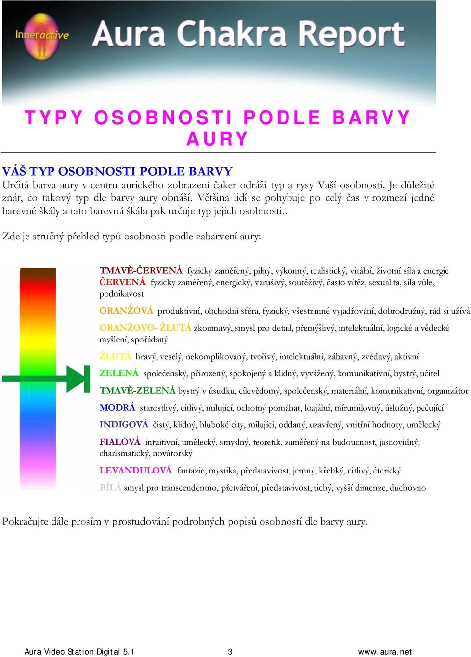 . Zde je stručný přehled typů osobnosti podle zabarvení aury: TMAVĚ-ČERVENÁ fyzicky zaměřený, pilný, výkonný, realistický, vitální, životní síla a energie ČERVENÁ fyzicky zaměřený, energický,