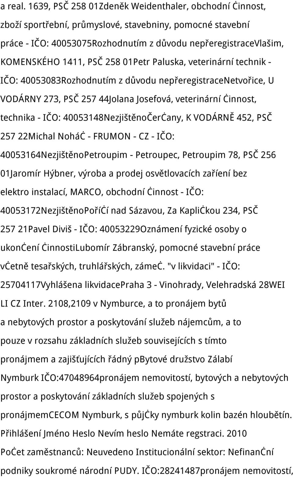 258 01Petr Paluska, veterinární technik - IČO: 40053083Rozhodnutím z důvodu nepřeregistracenetvořice, U VODÁRNY 273, PSČ 257 44Jolana Josefová, veterinární činnost, technika - IČO: