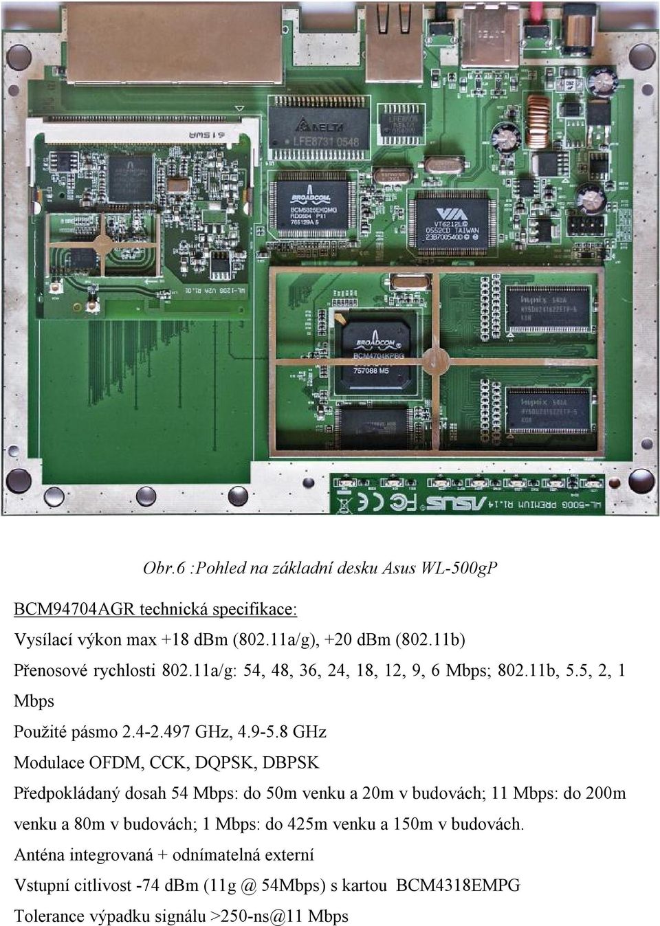 8 GHz Modulace OFDM, CCK, DQPSK, DBPSK Předpokládaný dosah 54 Mbps: do 50m venku a 20m v budovách; 11 Mbps: do 200m venku a 80m v budovách; 1 Mbps: