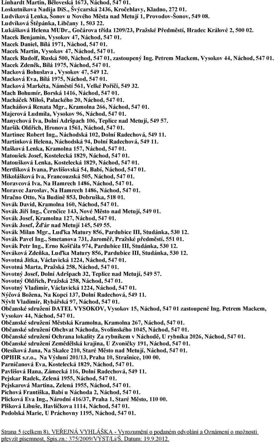 Macek Daniel, Bílá 1971, Náchod, 547 01. Macek Martin, Vysokov 47, Náchod, 547 01. Macek Rudolf, Ruská 500, Náchod, 547 01, zastoupený Ing. Petrem Mackem, Vysokov 44, Náchod, 547 01.