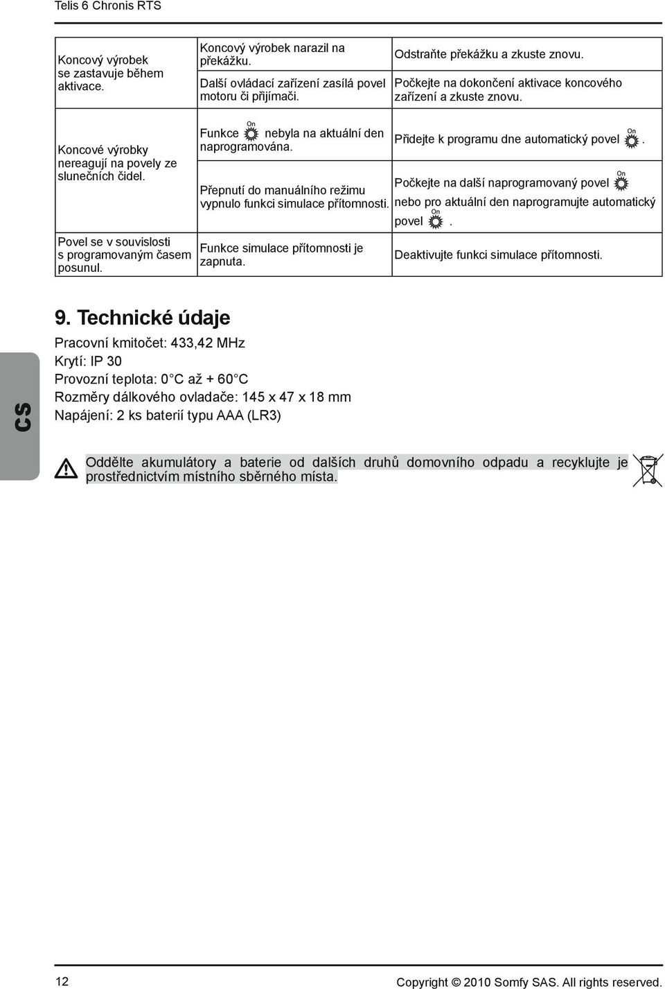 Funkce nebyla na aktuální den P idejte k programu dne automatick povel. naprogramována. Po kejte na dal í naprogramovan povel P epnutí do manuálního re imu vypnulo funkci simulace p ítomnosti.