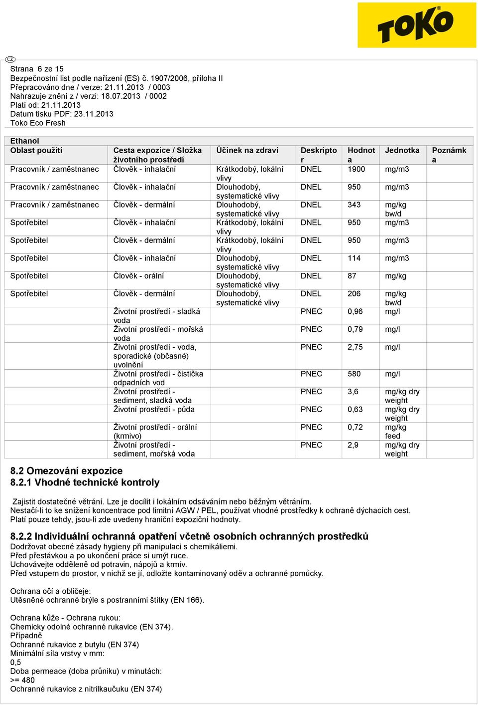 Spotřebitel Člověk - inhalační Krátkodobý, lokální DNEL 950 mg/m3 vlivy Spotřebitel Člověk - dermální Krátkodobý, lokální DNEL 950 mg/m3 vlivy Spotřebitel Člověk - inhalační Dlouhodobý, DNEL 114