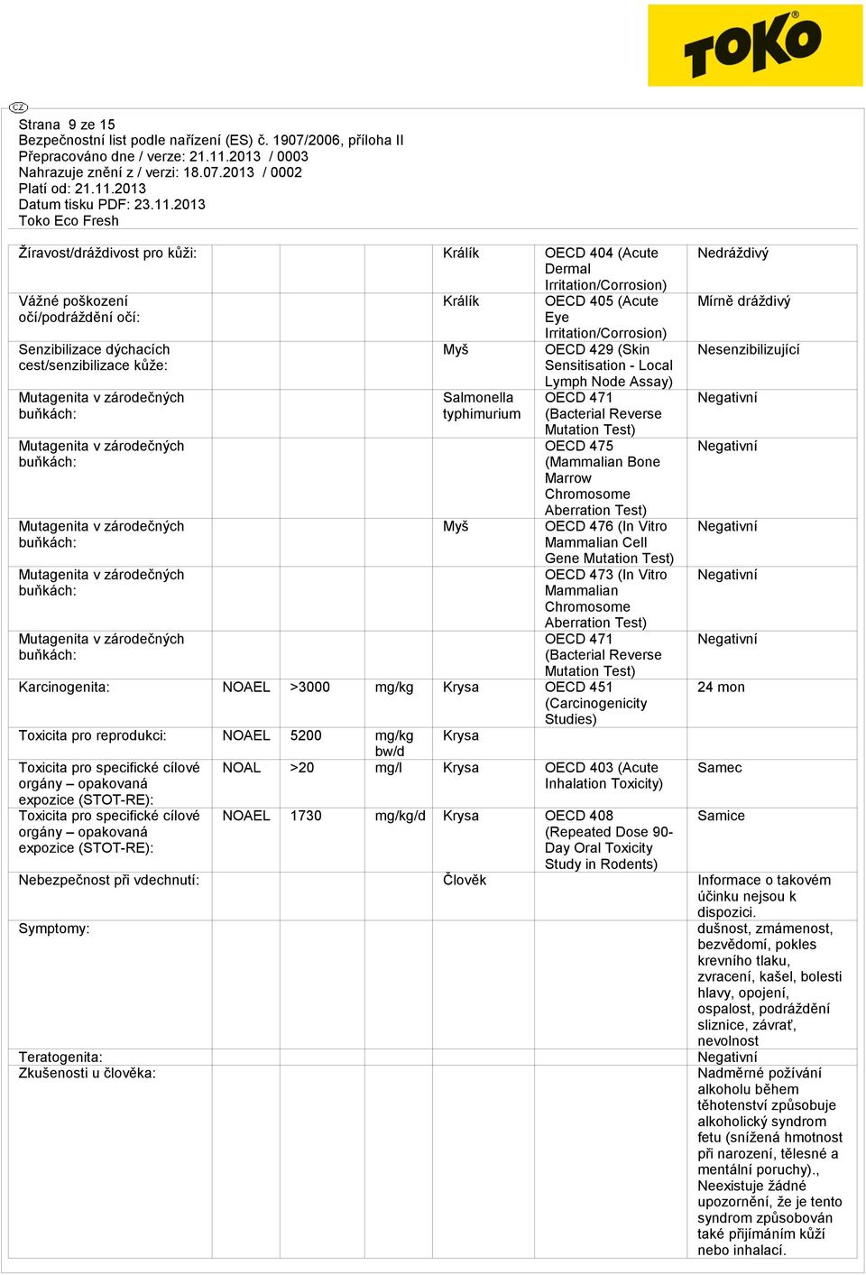 405 (Acute Eye Irritation/Corrosion) OECD 429 (Skin Sensitisation - Local Lymph Node Assay) OECD 471 (Bacterial Reverse Mutation Test) OECD 475 (Mammalian Bone Marrow Chromosome Aberration Test) OECD