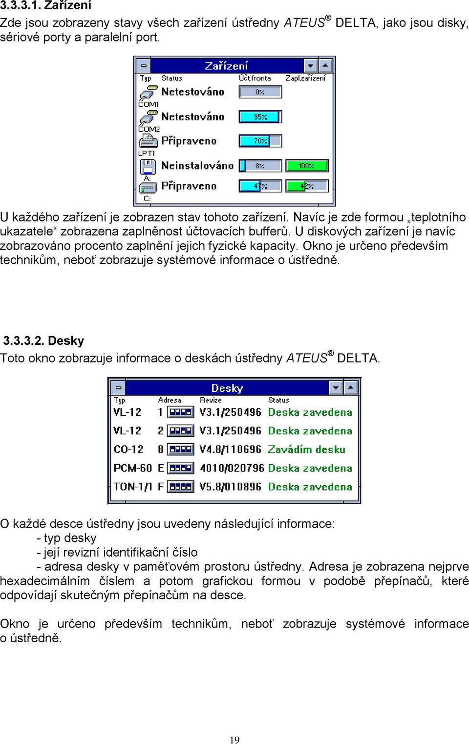 Okno je určeno především technikům, neboť zobrazuje systémové informace o ústředně. 3.3.3.2. Desky Toto okno zobrazuje informace o deskách ústředny ATEUS DELTA.