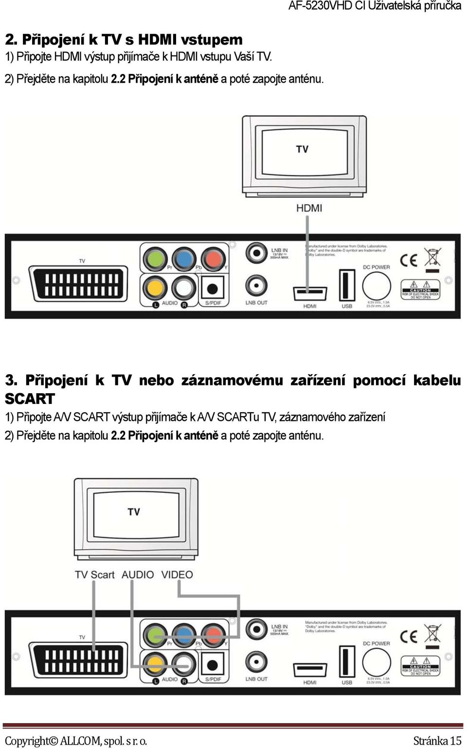 2) Přejděte na kapitolu 2.2 Připojení k anténě a poté zapojte anténu. 3.