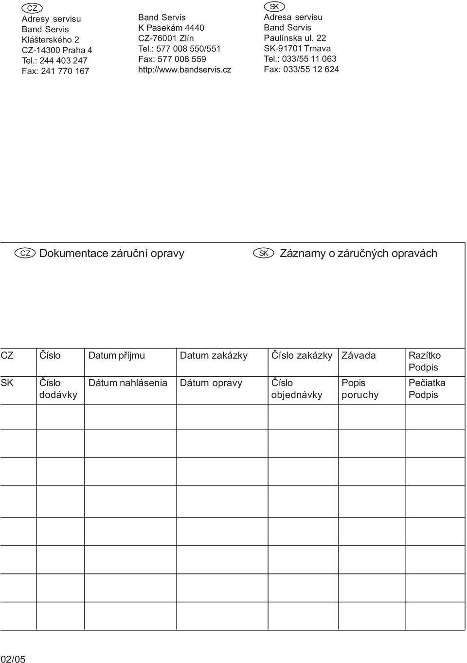 cz SK Adresa servisu Band Servis Paulínska ul. 22 SK-91701 Trnava Tel.