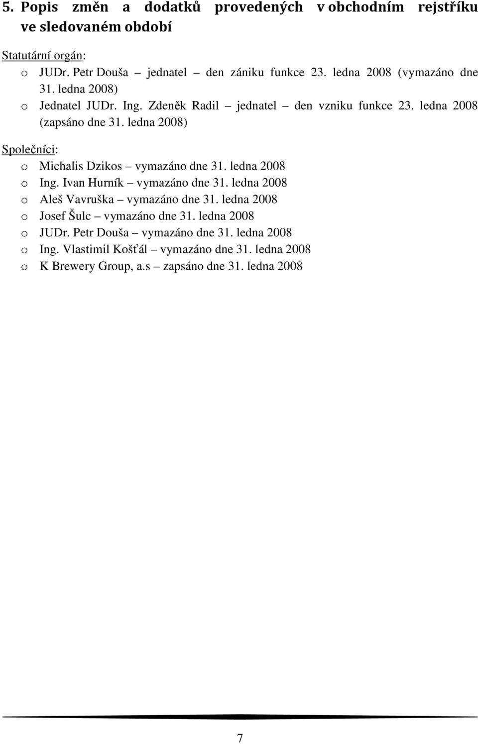 ledna 2008) Společníci: o Michalis Dzikos vymazáno dne 31. ledna 2008 o Ing. Ivan Hurník vymazáno dne 31. ledna 2008 o Aleš Vavruška vymazáno dne 31.