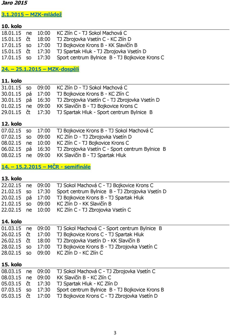 01.15 pá 17:00 TJ Bojkovice Krons B - KC Zlín C 30.01.15 pá 16:30 TJ Zbrojovka Vsetín C - TJ Zbrojovka Vsetín D 01.02.15 ne 09:00 KK Slavičín B - TJ Bojkovice Krons C 29.01.15 čt 17:30 TJ Spartak Hluk - Sport centrum Bylnice B 12.