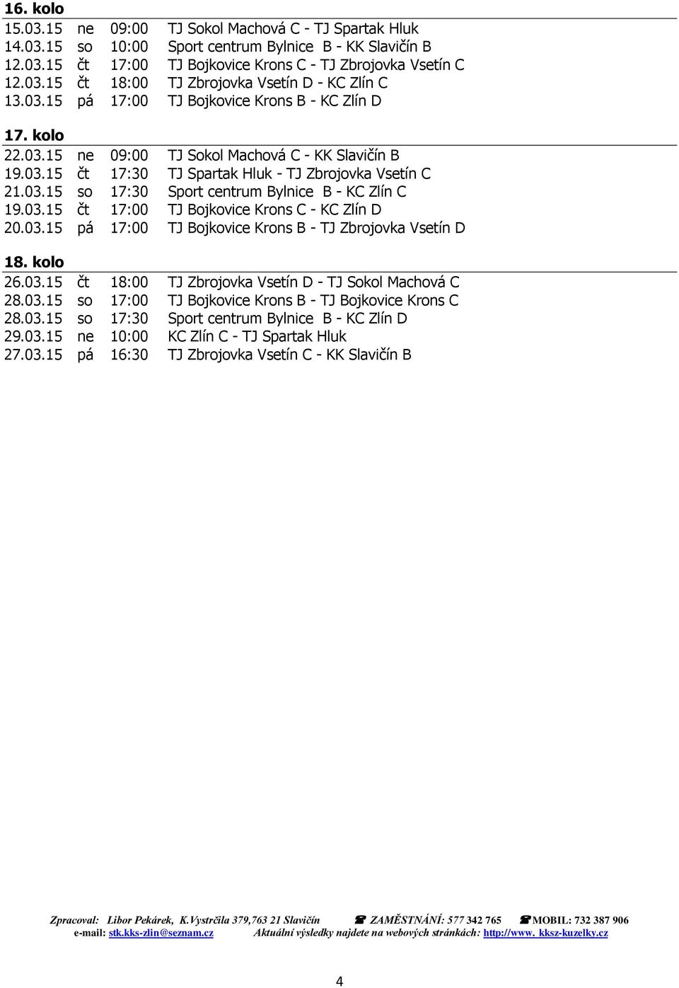 03.15 čt 17:00 TJ Bojkovice Krons C - KC Zlín D 20.03.15 pá 17:00 TJ Bojkovice Krons B - TJ Zbrojovka Vsetín D 18. kolo 26.03.15 čt 18:00 TJ Zbrojovka Vsetín D - TJ Sokol Machová C 28.03.15 so 17:00 TJ Bojkovice Krons B - TJ Bojkovice Krons C 28.