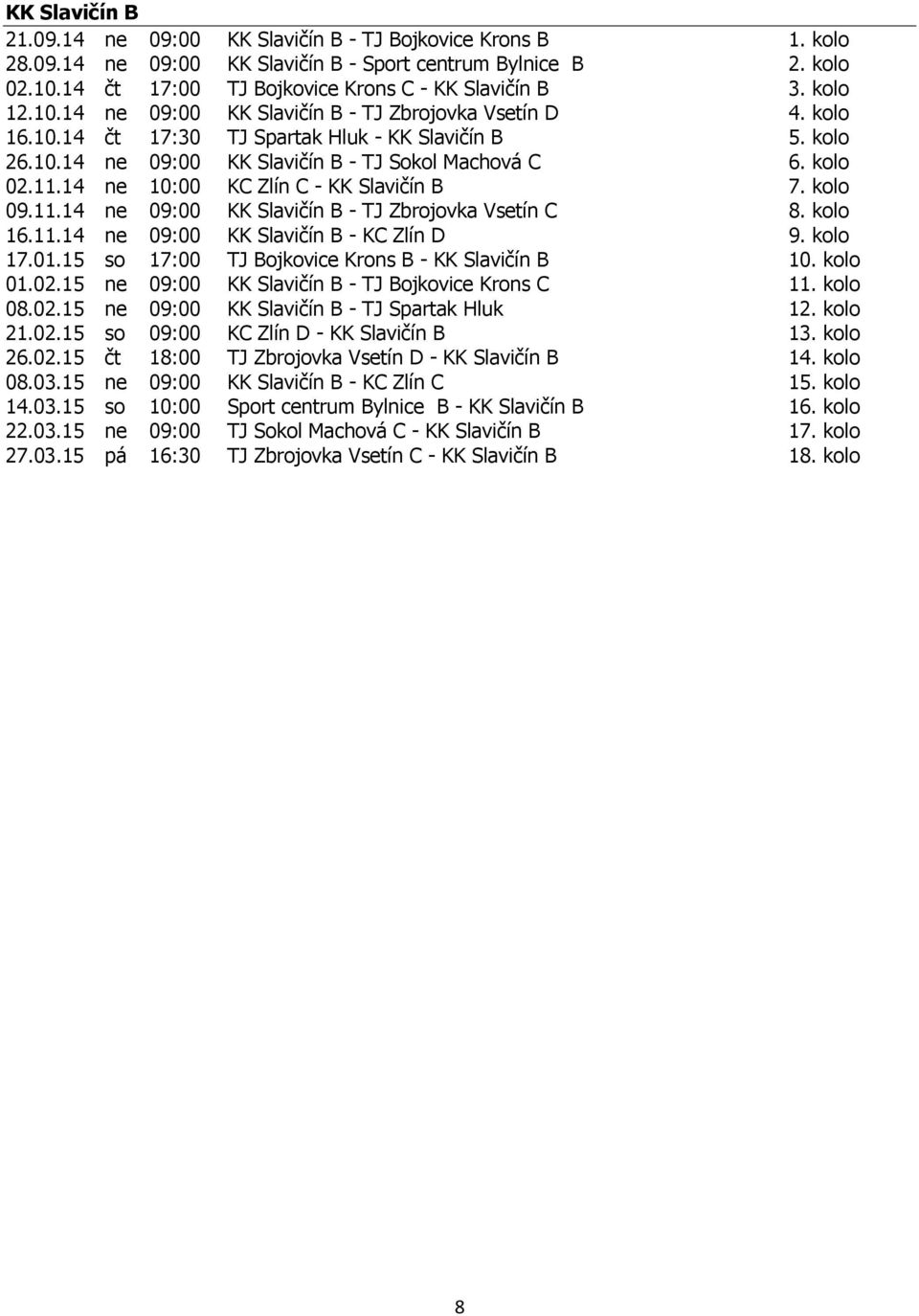 14 ne 10:00 KC Zlín C - KK Slavičín B 7. kolo 09.11.14 ne 09:00 KK Slavičín B - TJ Zbrojovka Vsetín C 8. kolo 16.11.14 ne 09:00 KK Slavičín B - KC Zlín D 9. kolo 17.01.