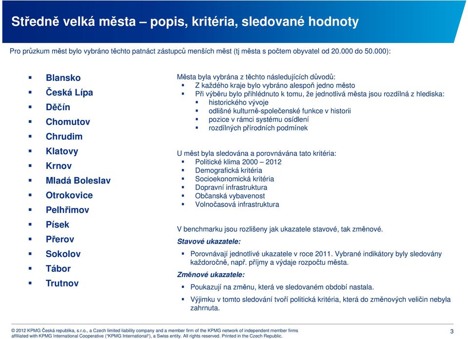 bylo vybráno alespoň jedno město Při výběru bylo přihlédnuto k tomu, že jednotlivá města jsou rozdílná z hlediska: historického vývoje odlišné kulturně-společenské funkce v historii pozice v rámci