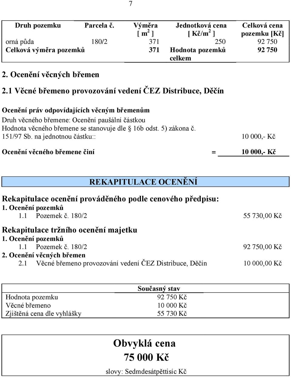 1 Věcné břemeno provozování vedení ČEZ Distribuce, Děčín Ocenění práv odpovídajících věcným břemenům Druh věcného břemene: Ocenění paušální částkou Hodnota věcného břemene se stanovuje dle 16b odst.