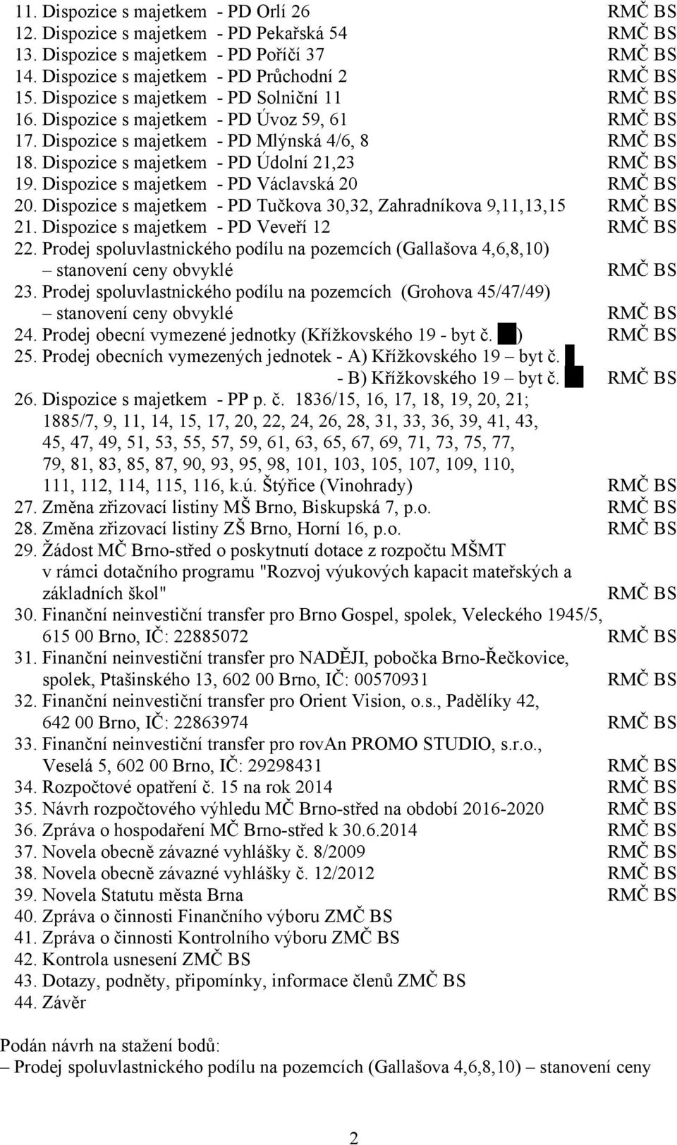 Dispozice s majetkem - PD Václavská 20 RMČ BS 20. Dispozice s majetkem - PD Tučkova 30,32, Zahradníkova 9,11,13,15 RMČ BS 21. Dispozice s majetkem - PD Veveří 12 RMČ BS 22.