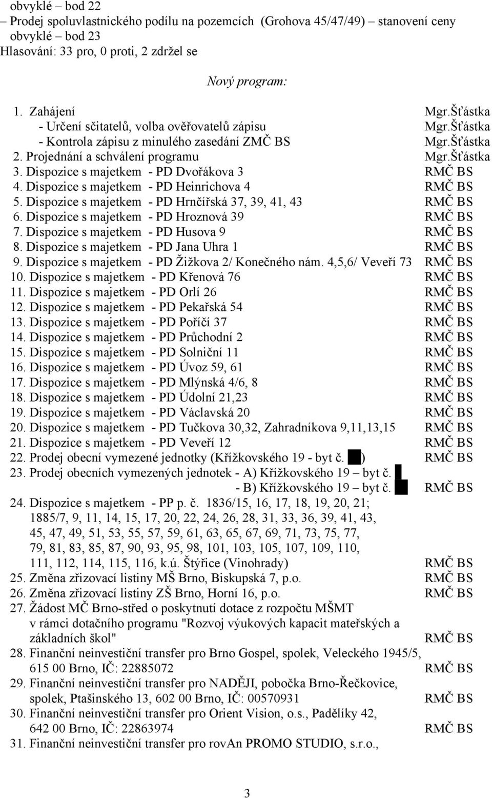 Dispozice s majetkem - PD Dvořákova 3 RMČ BS 4. Dispozice s majetkem - PD Heinrichova 4 RMČ BS 5. Dispozice s majetkem - PD Hrnčířská 37, 39, 41, 43 RMČ BS 6.