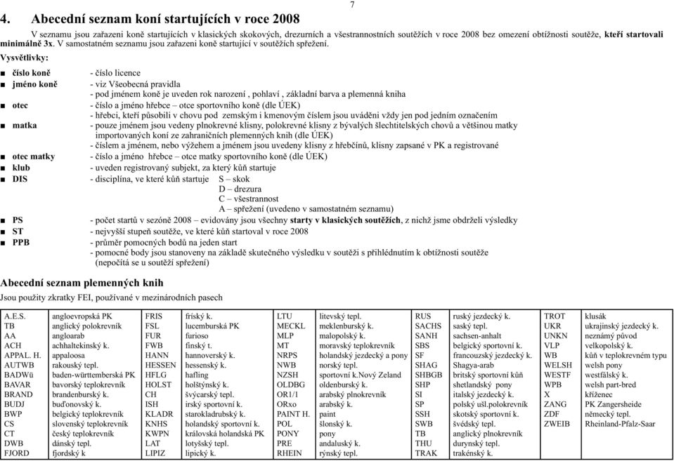 Vysvětlivky: číslo koně - číslo licence jméno koně - viz Všeobecná pravidla - pod jménem koně je uveden rok narození, pohlaví, základní barva a plemenná kniha otec - číslo a jméno hřebce otce